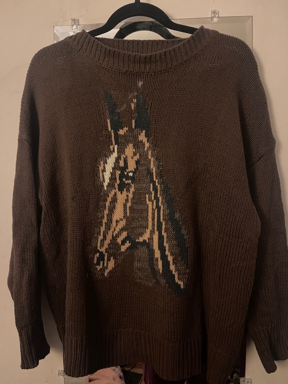 Altar'd State Brown Crewneck Sweater with Horse Intarsia